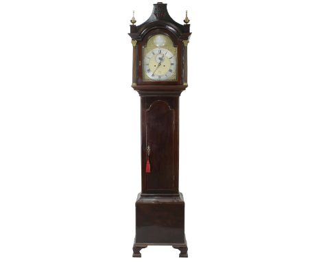 Mahogany eight day longcase clock with five pillar movement, the 11.75" brass arched dial signed Peter Nichols, Newport on a 