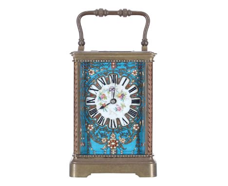 Reproduction porcelain panelled carriage clock striking on a gong, within a corniche brass case, 7.5" high 