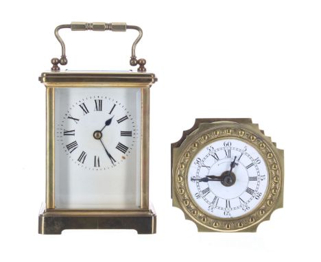 French carriage clock timepiece within a corniche brass case, 6" high; also a small French travelling alarm clock within a br