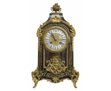 French Boulle two train mantel clock, the Japy Freres movement with outside countwheel striking on a bell, the 3.75" gilt dia