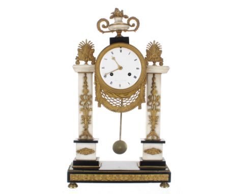 Good French white marble and ormolu mounted two train portico mantel clock, the 4.5" white dial signed Lefevre suc. rde De Be