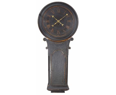 Good English ebonised tavern clock with A-frame movement, the 17" dial within a moulded turned surround, over a long rounded 