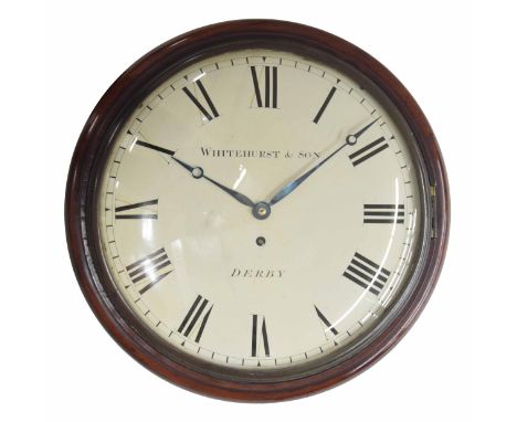 Good mahogany single fusee 12" convex dial wall clock signed Whitehurst &amp; Son, Derby, within a turned surround (pendulum)