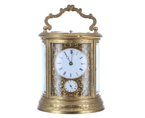 Good French oval repeater carriage&nbsp;clock with alarm, the Pons movement striking on a bell and stamped no. 3311, the prin