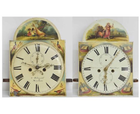 Eight day longcase clock movement, the 13" raised painted arched dial indistinctly signed ...Scarboro, with subsidiary second