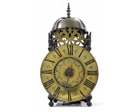 English brass hook and spike lantern clock, the 7.5" brass chapter ring signed 'In: Crucefix, London' and enclosing a foliate