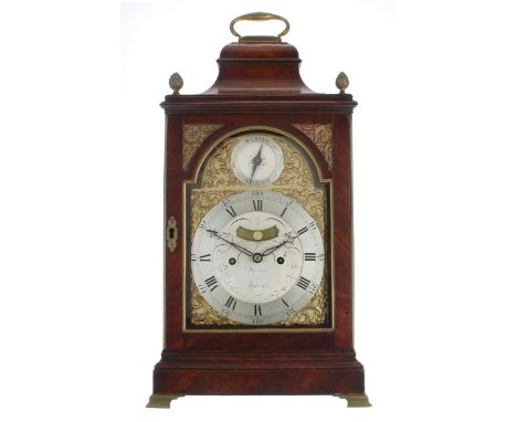 English mahogany double fusee verge bracket clock, the 7" brass arched dial signed Norton, Ipswich to the foliate engraved si