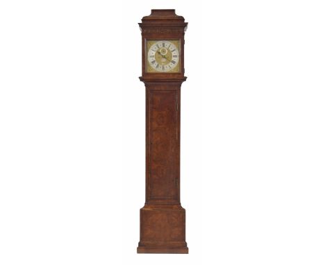 Fine English figured walnut eight day longcase clock, the 12" square brass dial signed William Graham, London on an oval silv