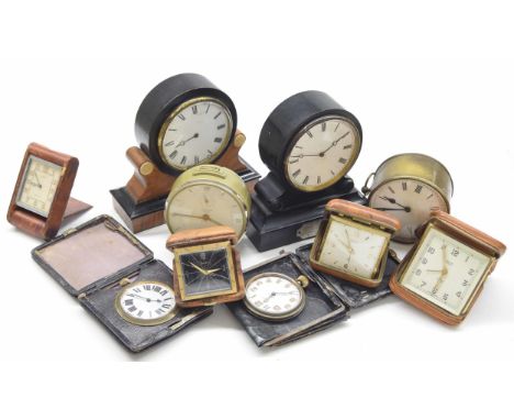French V.A.P. ebonised and walnut small mantel clock, 6.5" high; also another ebonised V.A.P. mantel clock, brass drumhead ti