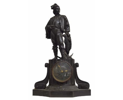 French bronze figural two train mantel clock striking on a bell, the 3.5" chapter ring enclosing an engraved centre, fitted i