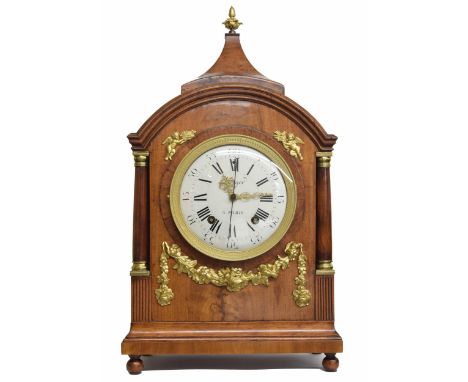 Unusual French mahogany and walnut month going two train bracket clock,&nbsp;the 7.5" white convex dial signed Higer á Paris,