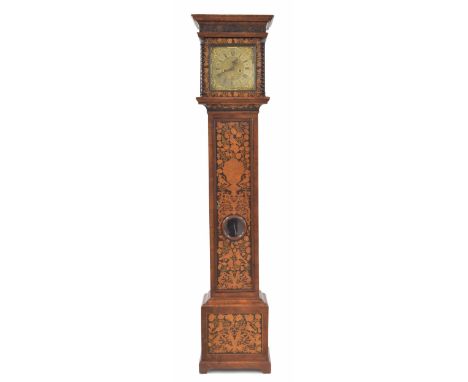 Fine and rare English walnut marquetry eight day longcase clock with five pillar movement, the 9.75" square brass dial signed