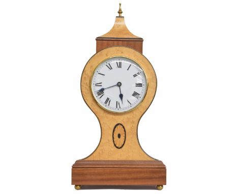 Good contemporary balloon mantel clock timepiece, the 6" white dial within a contemporary well constructed birds eye maple an