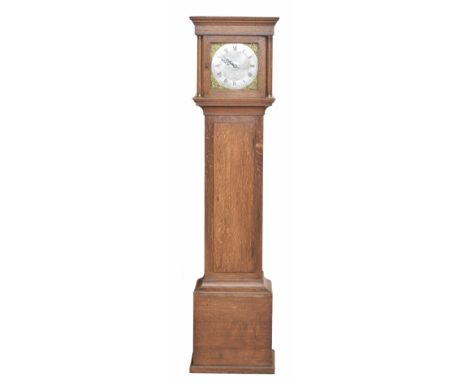 Small oak thirty hour longcase clock, the 10" square brass dial signed John Price, Chichester on the foliate engraved centre 