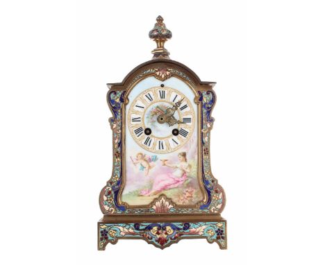 French champlevé and porcelain mounted small two train mantel clock, the Vincenti movement striking on a gong, the porcelain 