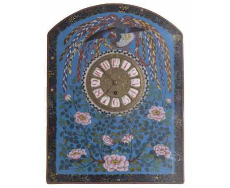Attractive cloisonne easel clock timepiece, the 5" brass dial plate with Arabic cartouche enamel numerals, within a decorativ