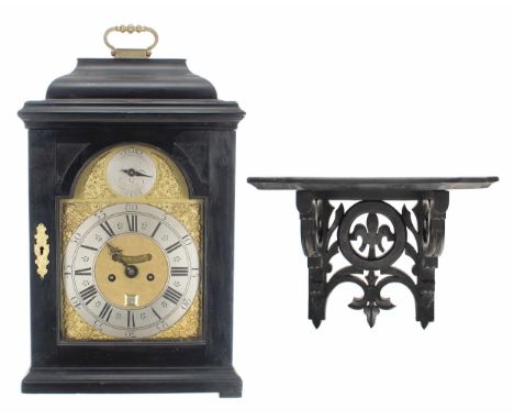 English ebonised double fusee bracket clock with bracket, in need of restoration, the 8" brass arched dial signed Andrew Prim