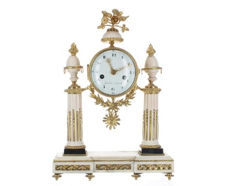 Good French white marble and ormolu mounted two train portico mantel clock, the 4" white dial signed Hippolite Lapret and the