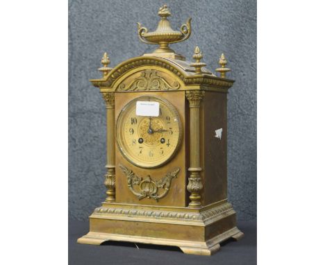 French bronze two train mantel clock, the Japy Freres movement striking on a gong, the 3.5" concave gilt dial within a steppe