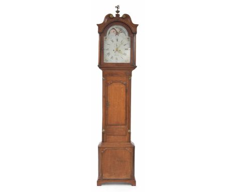 Oak and mahogany eight day longcase clock, the 14" painted arched dial signed William Ellis, Wrexham to the centre with subsi