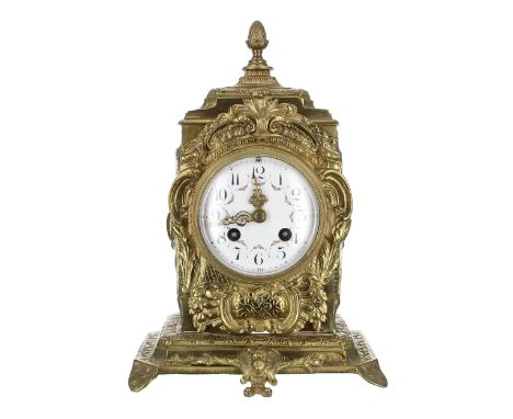 French brass two train mantel clock, the F. Marti movement with outside countwheel striking on a bell, the 3.75" white floral