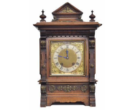 German walnut two train ting-tang mantel clock, the RSM movement striking on two gongs, within an architectural case decorate
