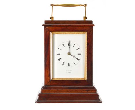 Rare and unusual French carriage clock striking on a bell, the dial and movement back plate both signed Hy Marc á Paris, with