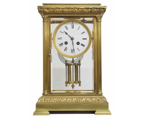 Good French ormolu four glass two train mantel clock, the movement striking on a gong, the 4" white dial in a bevelled glazed
