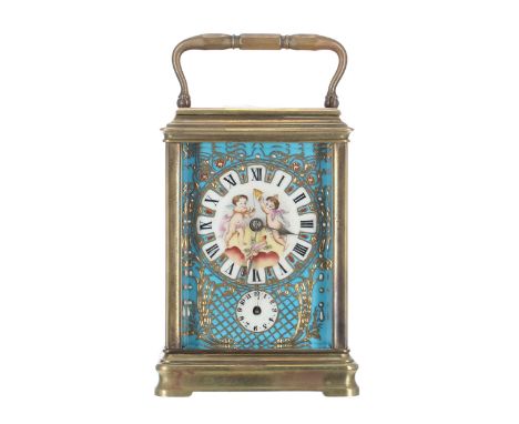 Reproduction porcelain&nbsp;panelled carriage clock with alarm, the movement striking on a bell, within a gorge style case, 7