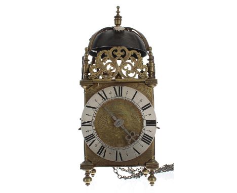 19th century English brass hook and spike lantern clock, the foliate engraved dial signed Thos. Savidge, Exeter fecit with si