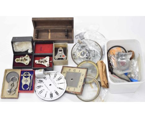 Various small cased clock and watch tools; also a quantity of various other clock parts including platform escapements, dial 