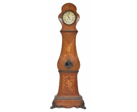 French rosewood and kingwood inlaid eight day Comptoise longcase clock, the 10" cream dial within a rounded hood over a centr