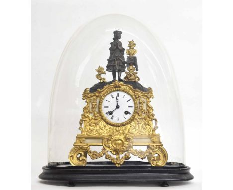 French ormolu, bronze and white marble figural two train mantel clock, the movement with silk suspension and outside countwhe