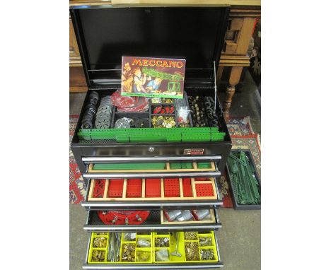 Extensive collection of part Meccano and reproduction Meccano model building items in modern tin Halford's toolbox with slide