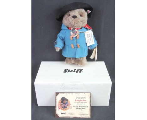 Modern Steiff '50th Anniversary Paddington Teddy Bear', caramel, 25cm high.  Limited edition to the year 2008, no. 00377.  In