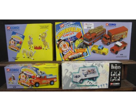 Corgi Classics Chipperfields Circus 31703 Landrover, Morris Minor pickup, Thames Trader and AEC Fire engine, together with 31