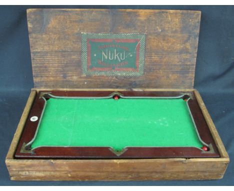 Miniature mahogany and brass mounted Billiards table by Nuku with green baize surface, 51 x 28 wide x 7cm high approx., toget