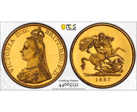 UNITED KINGDOM. Victoria, 1837-1901. Gold 5 pounds (5 sovereigns), 1887. Royal Mint. Proof no BP. Rare variety without the BP