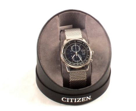 A boxed gents Citizen Eco-Drive WR100 stainless steel dark blue dial mesh chronograph watch, comes with manual and guarantee 