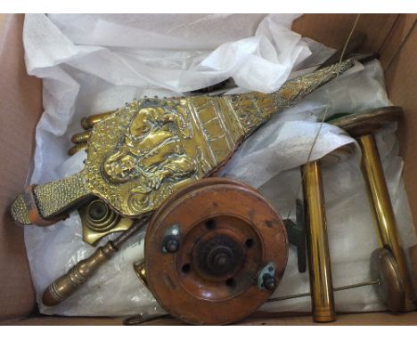 A Victorian brass and copper warming pan plus other brassware etc including a vintage wooden fishing reel