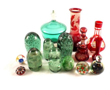Five Stourbridge dump weights (three as found) plus Victorian ruby and other glass