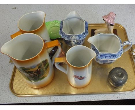 An Art Deco figure of a bathing girl (as found) plus Victorian jugs etc