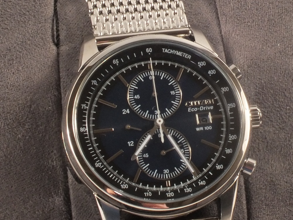 A boxed gents Citizen Eco-Drive WR100 stainless steel dark ...
