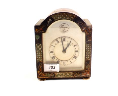 A black chinoiserie mantel clock, dial marked W M Brunford & Son Ltd Exeter and Eastbourne