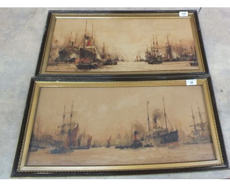 A pair of coloured prints of ships titled 'Lower Port' and 'Above Greenwich', 10" x 23"