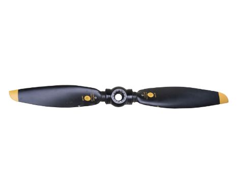 * Propeller. Avro Anson two blade propeller, black painted wood with yellow tips marked 'DA 902' beneath yellow circle inscri