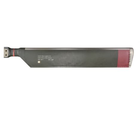 * Propeller. A modern composite helicopter propeller blade, finished in green with a red tip, stencilled in white 'Blade Seri