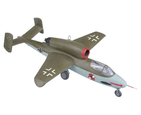 * Luftwaffe. Heinkel He162 Volksjäger, hand built model jet aircraft, finely detailed with decals, 49.5 cm long (including pi