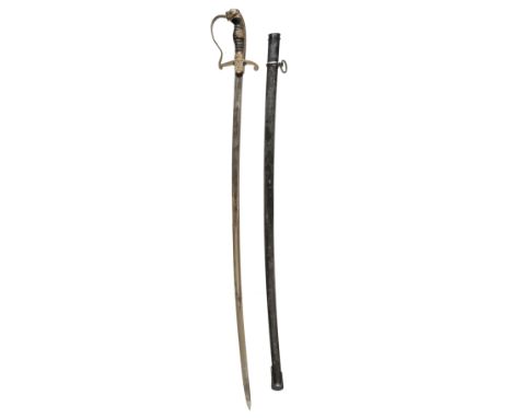 * Prussian Sword. A WWI Prussian army officer's sword, the 79 cm slightly curved steel blade plain and slightly pitted, brass