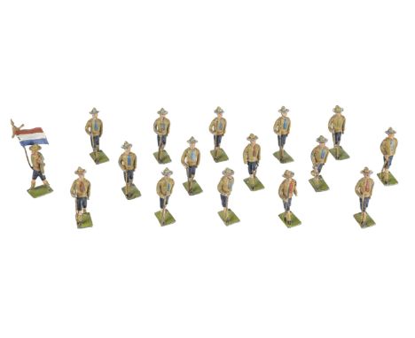 * Scouting. A set of Britains lead Boy Scout figures circa 1910, comprising flag-bearer, bugler, 14 scouts including one carr